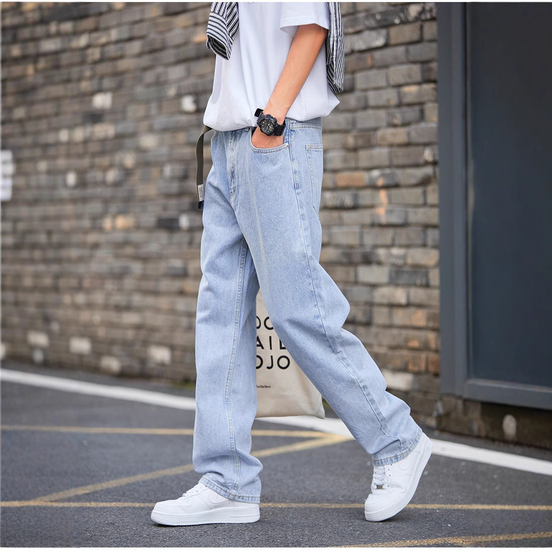 Hong Kong Style Simple Casual All-match Light-colored Jeans